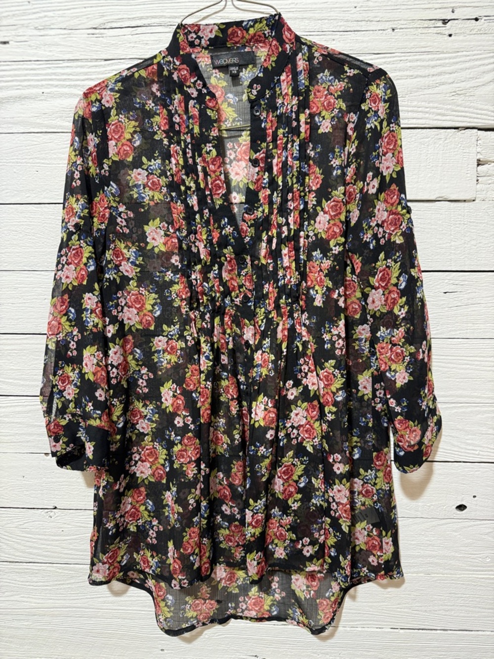 Weavers Black Floral Blouse with Red, Pink, Blue, Green Accents